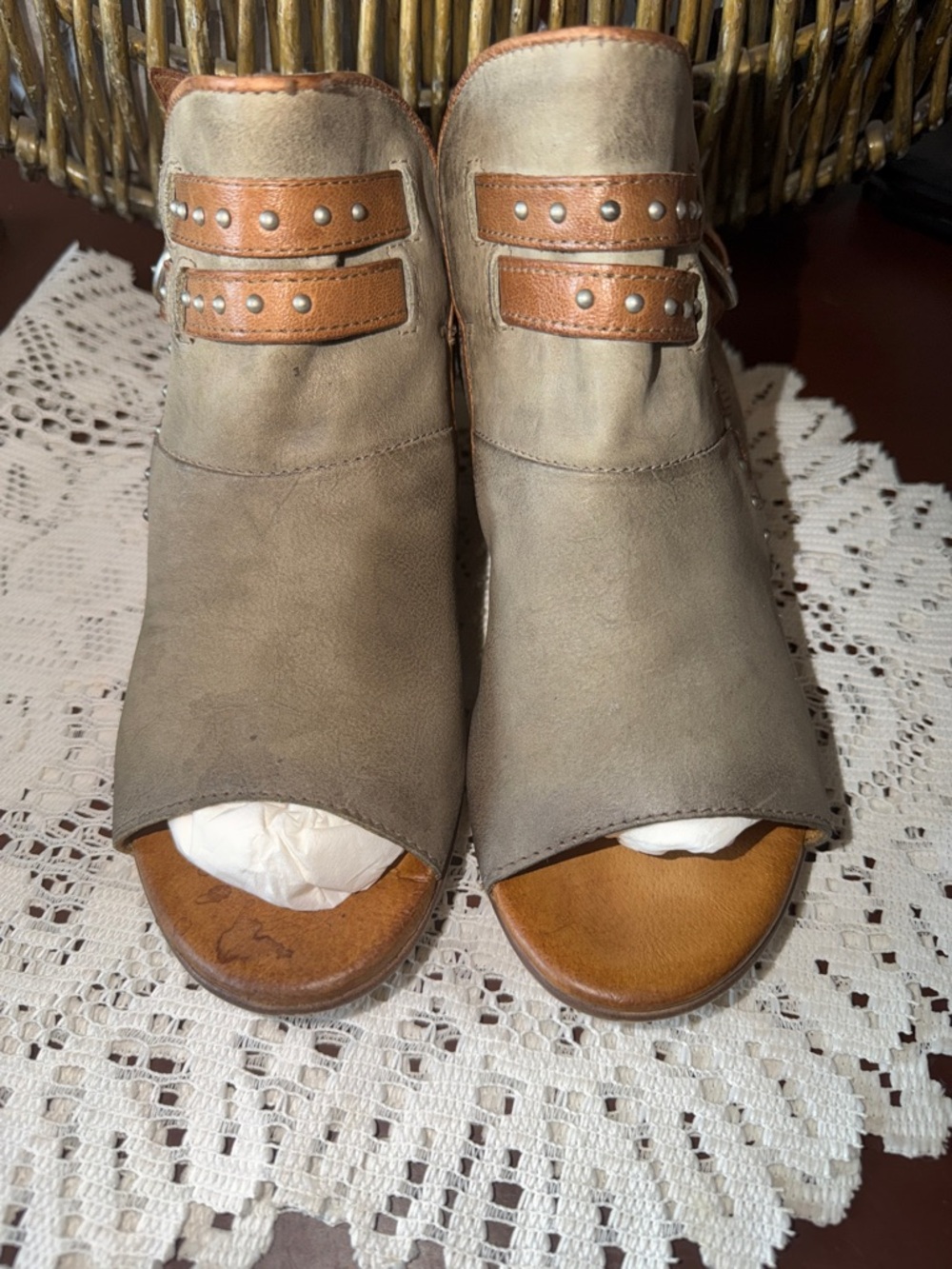 Miz Mooz Taupe Open-Toe Mules with Brown Studded Straps